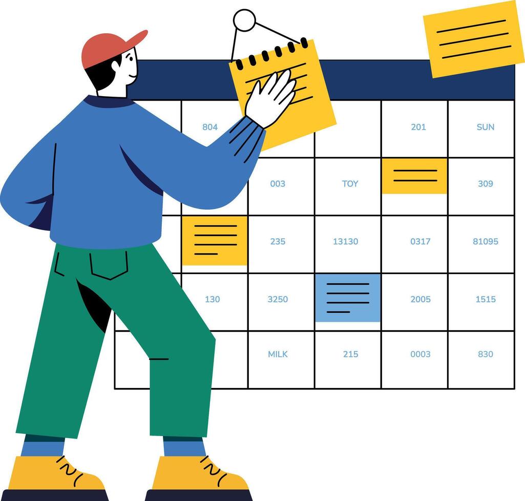 A flat illustration of a person adding notes to productivity tracker vector