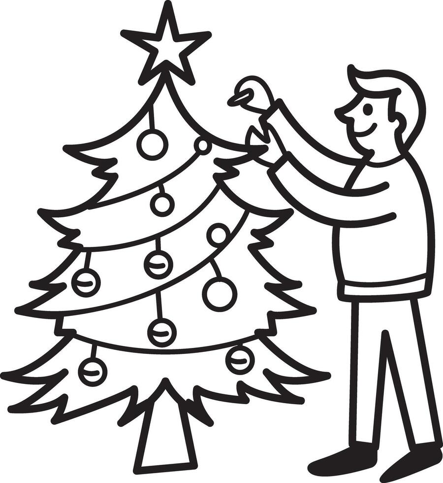A doodle icon of a character decorating tree with lights vector