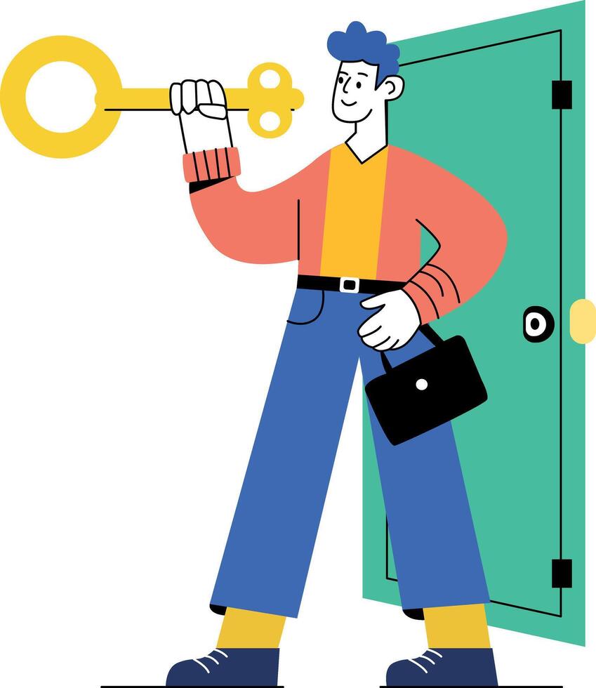 A flat illustration of a person holding a key in front of an open door, symbolizing opportunity vector