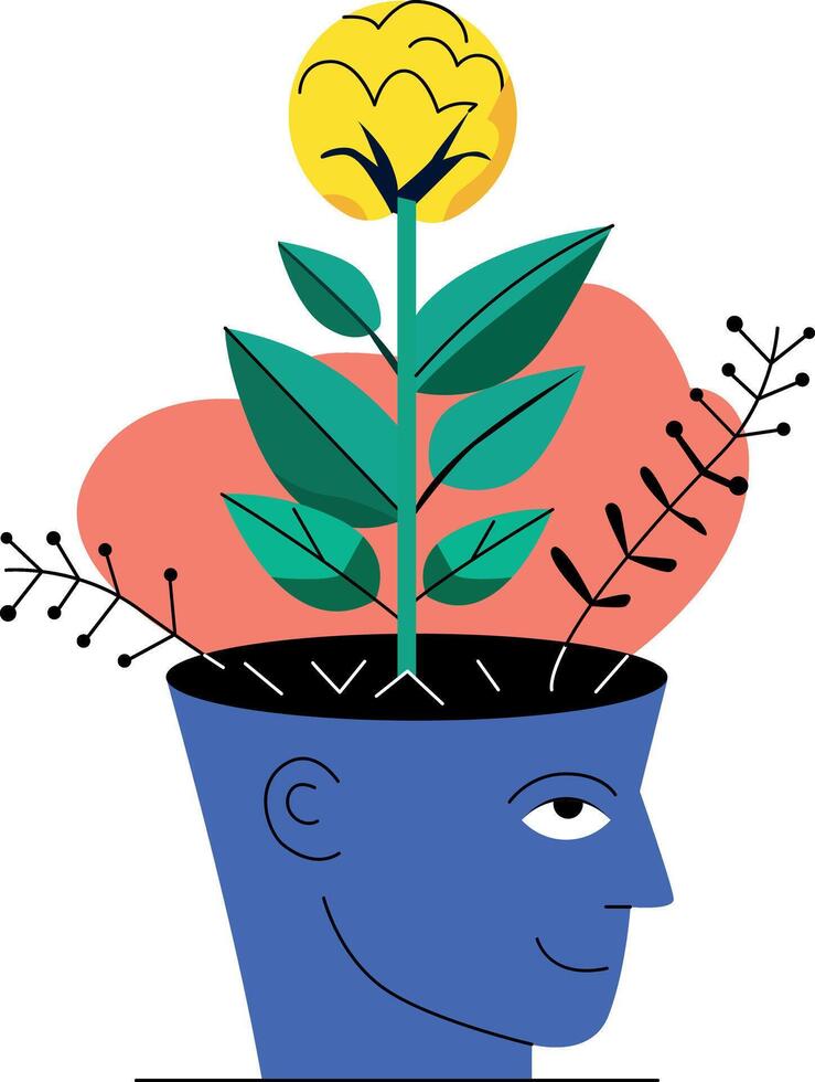 A flat illustration of a plant growing from a human head, symbolizing self growth vector