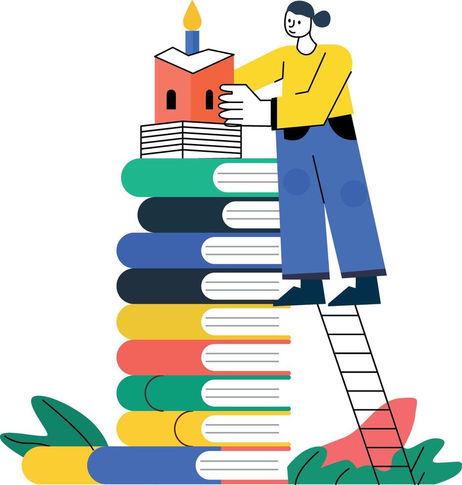 A flat illustration of a person climbing ladder with books, symbolizing skill building vector