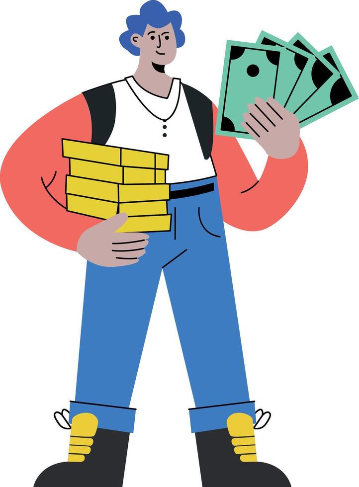 A flat illustration of a person holding stacks of cash, symbolizing prize money vector
