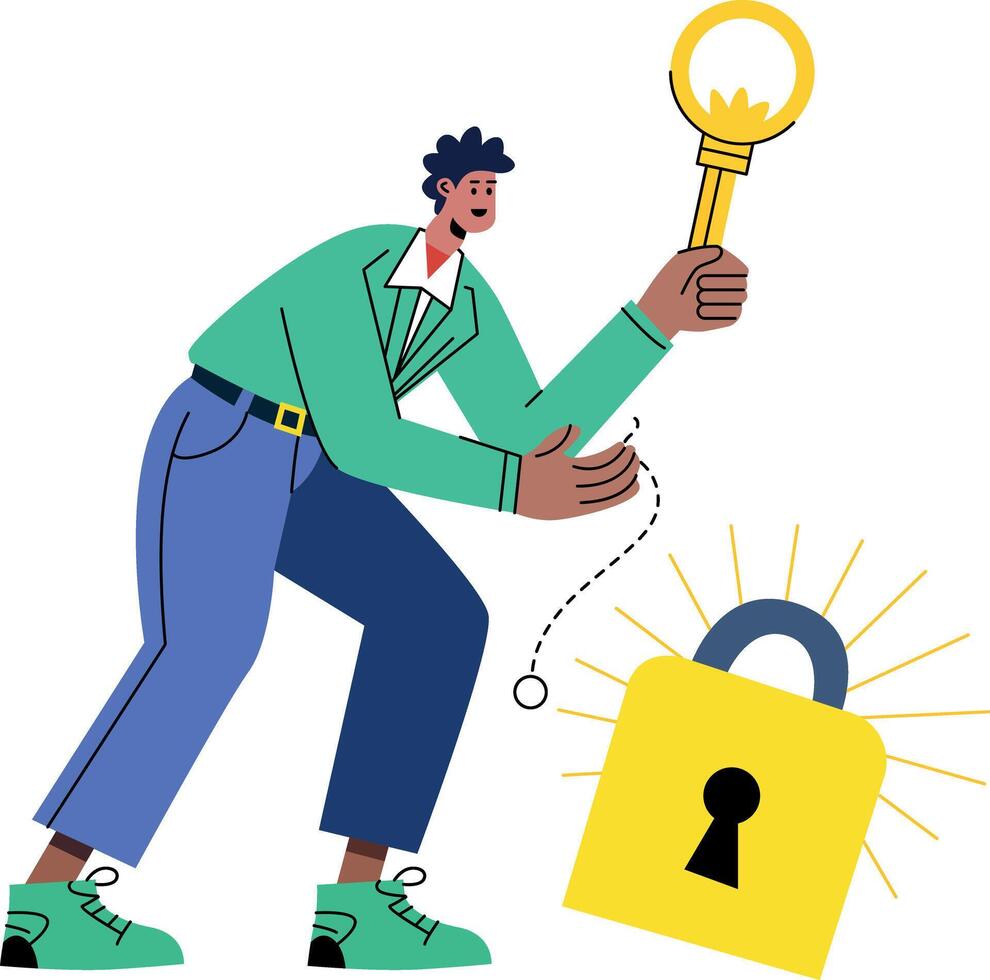 person unlocking a padlock with a key, symbolizing unlocking potential vector