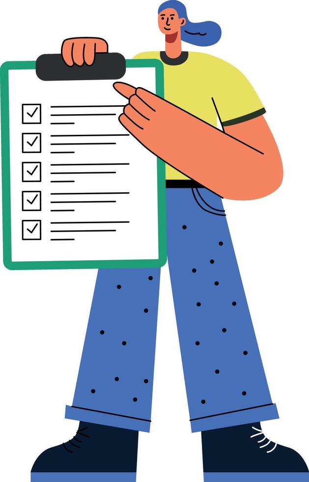 A flat illustration of a person holding a checklist with completed tasks vector