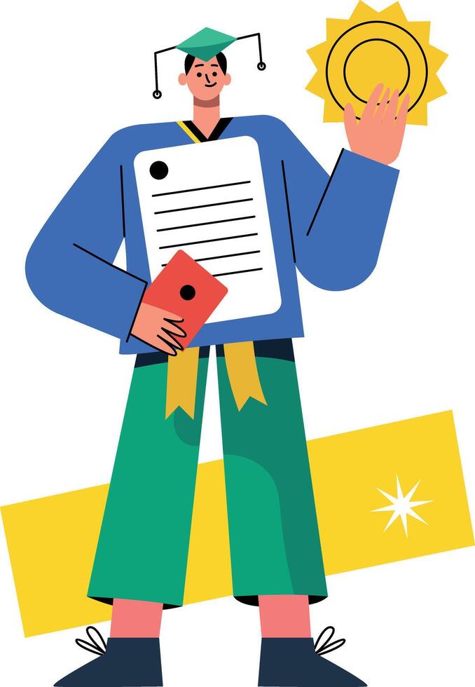 A flat illustration of a scholar holding a diploma and a medal vector