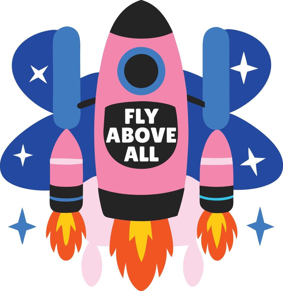 A flat sticker of a spacecraft with fly above all typography vector