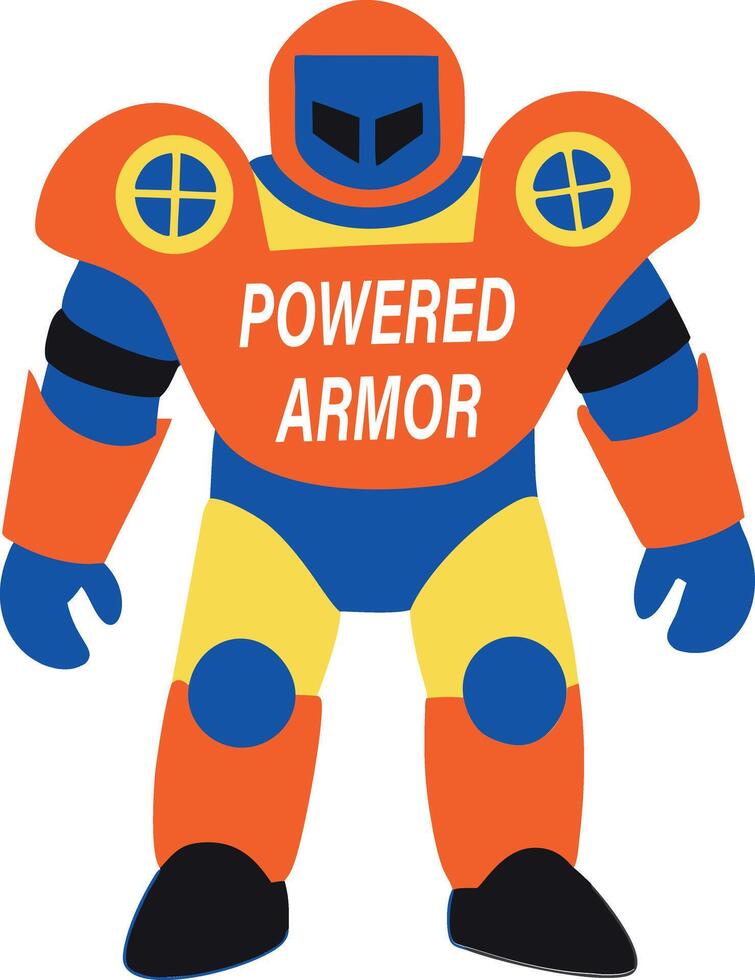 A flat sticker of a robot with powered armour typography vector