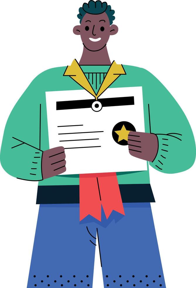 A flat illustration of a person proudly holding a certificate vector