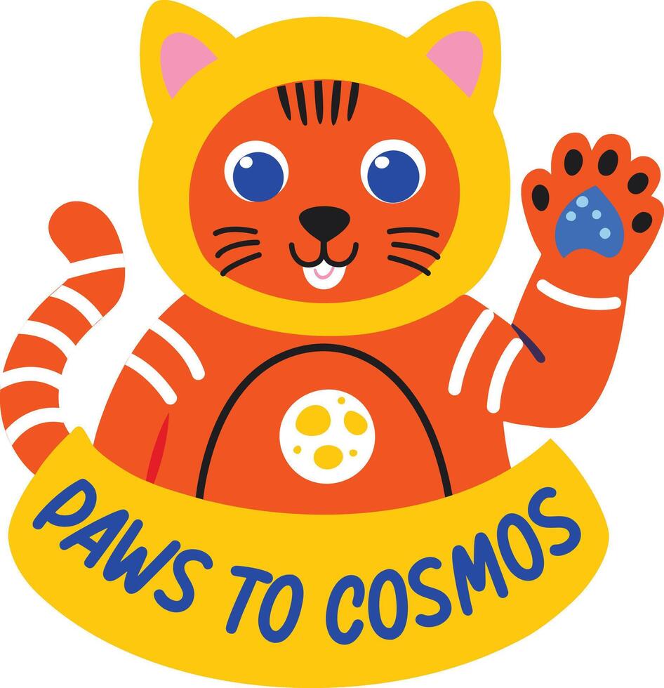 A flat sticker of a space cat with paws to cosmos typography vector