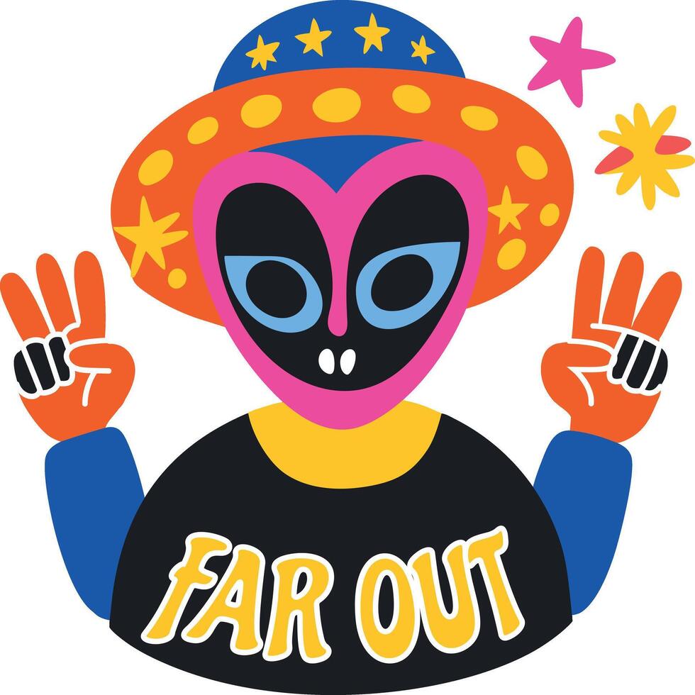 A flat sticker of an alien with far out typography vector