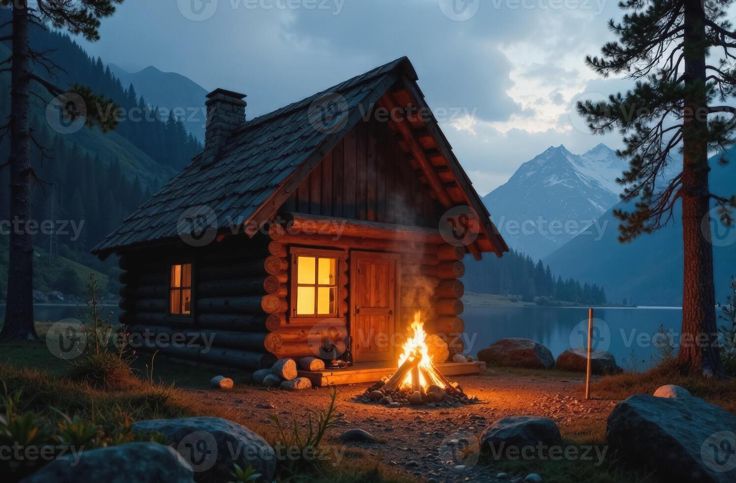 A wooden house with a burning campfire in the shape of a hut in the forest near the lake in the evening photo
