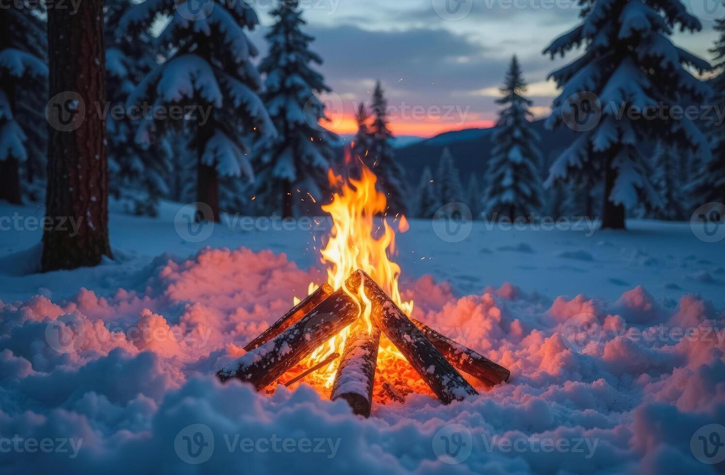 A burning campfire in the form of a hut in a winter snow-covered forest photo