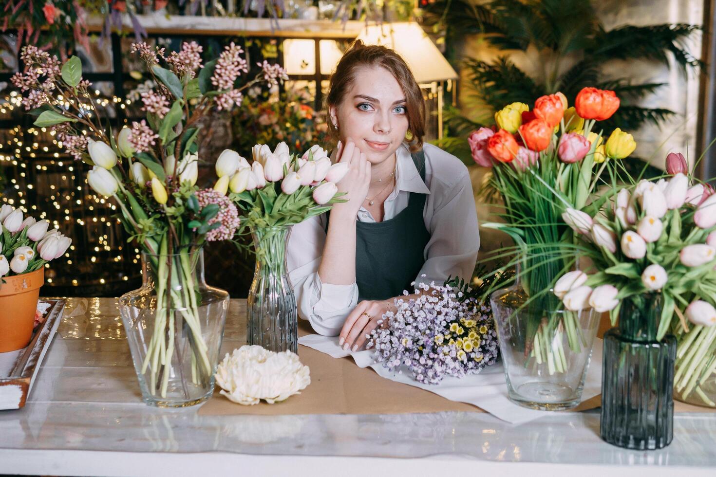 A woman in her florist shop collects bouquets of flowers. The concept of a small business. Bouquets of tulips for the holiday on March 8. photo