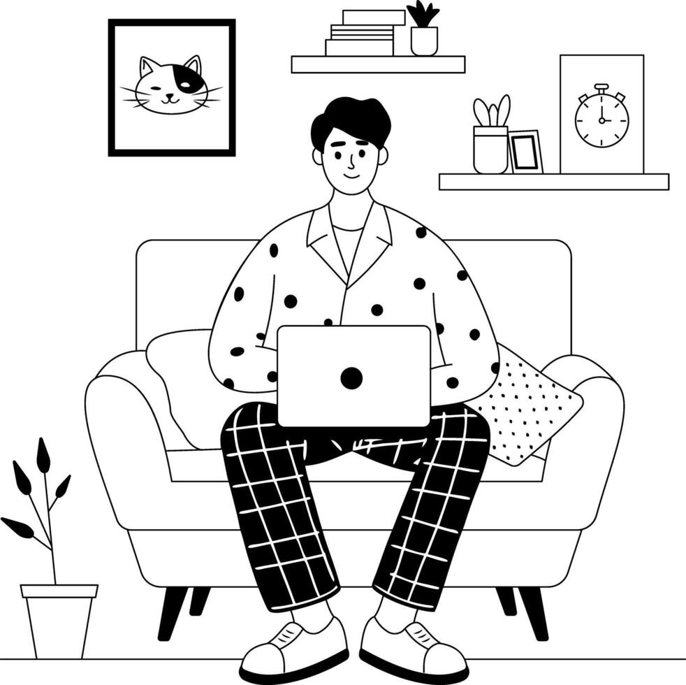 A hand drawn illustration of a man doing teleworking vector