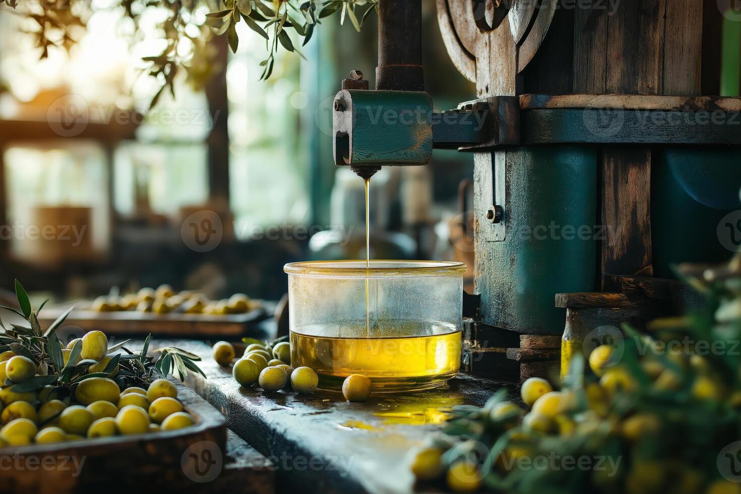 olive oil is poured into a container on a table photo