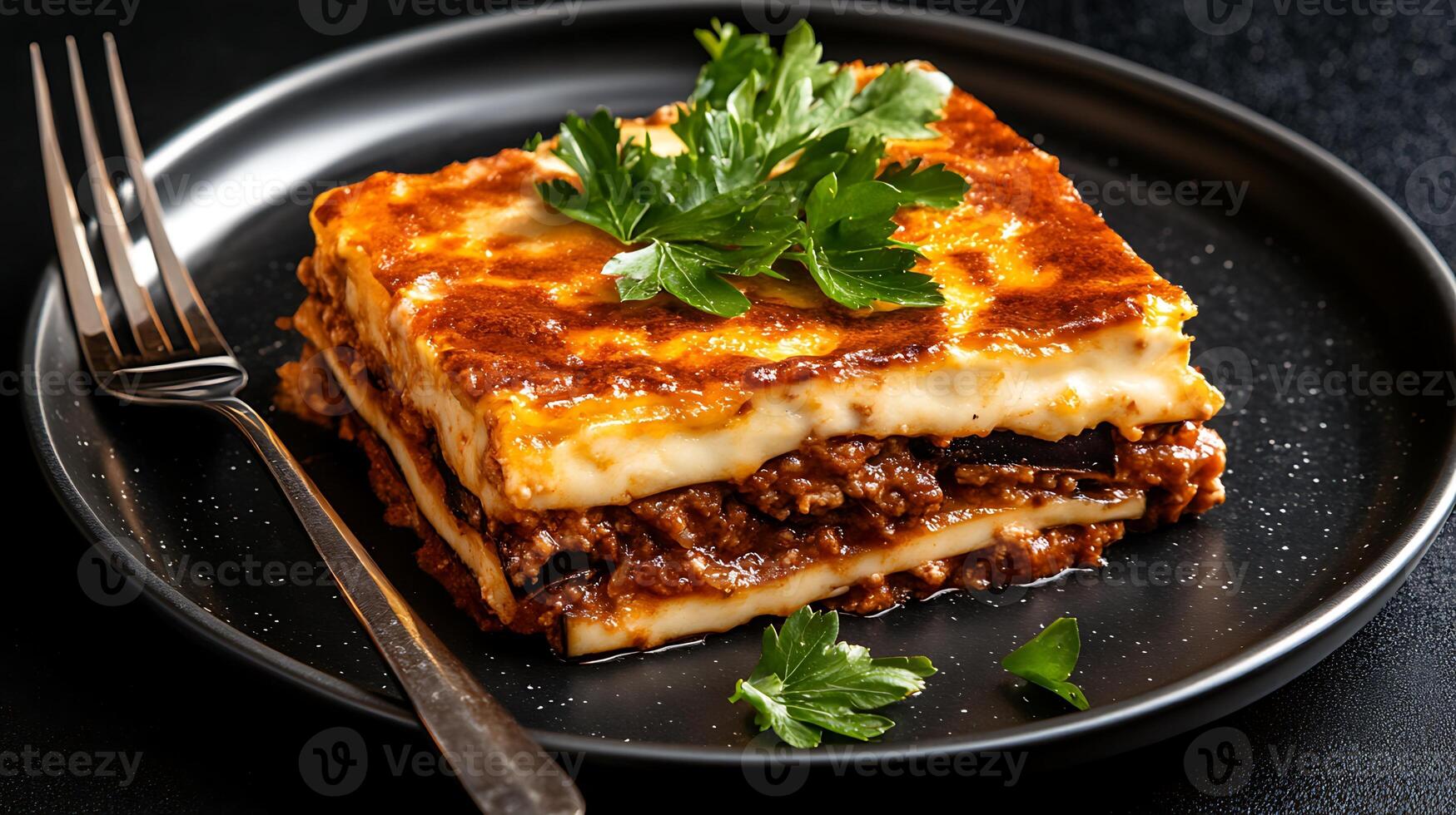 Top view of Greek moussaka with layers of eggplant and meat photo