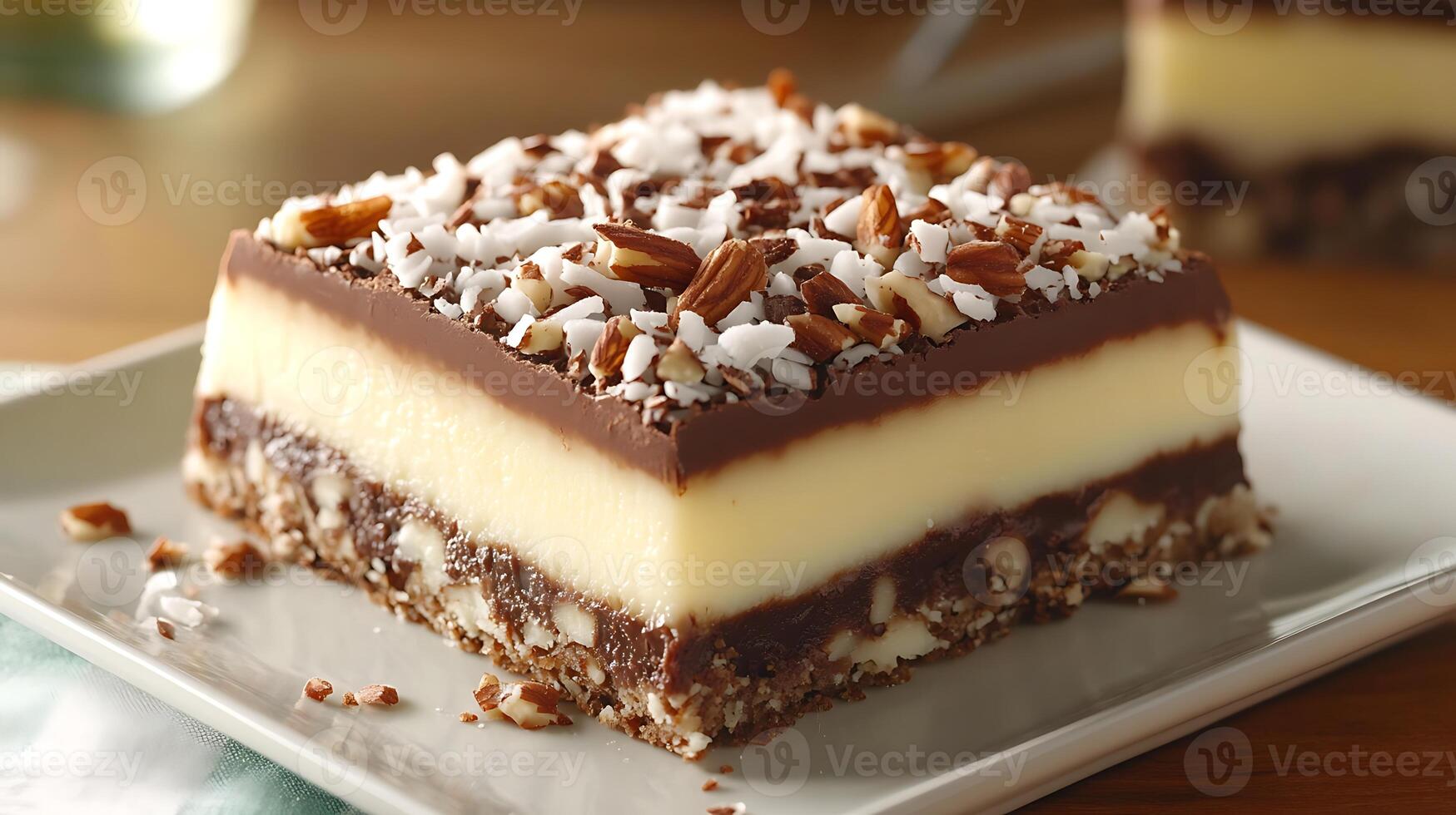 Nanaimo Bars A no-bake dessert bar with layers of chocolate, photo