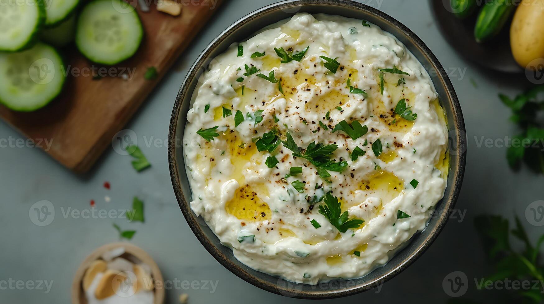 sauce of yogurt with herbs, spices and cucumber photo