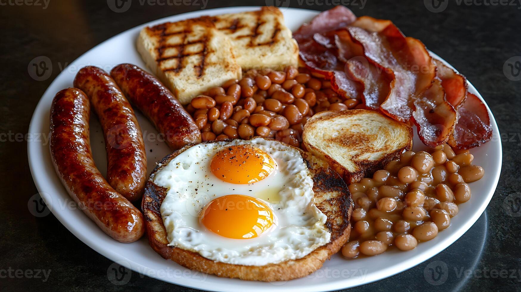Full English breakfast on a plate with fried eggs, sausages, bacon, beans, toasts photo