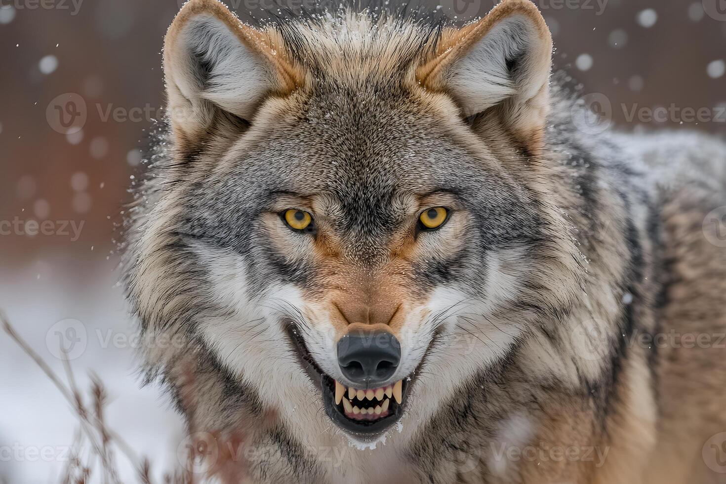 A wolf is standing in the snow with its mouth open photo