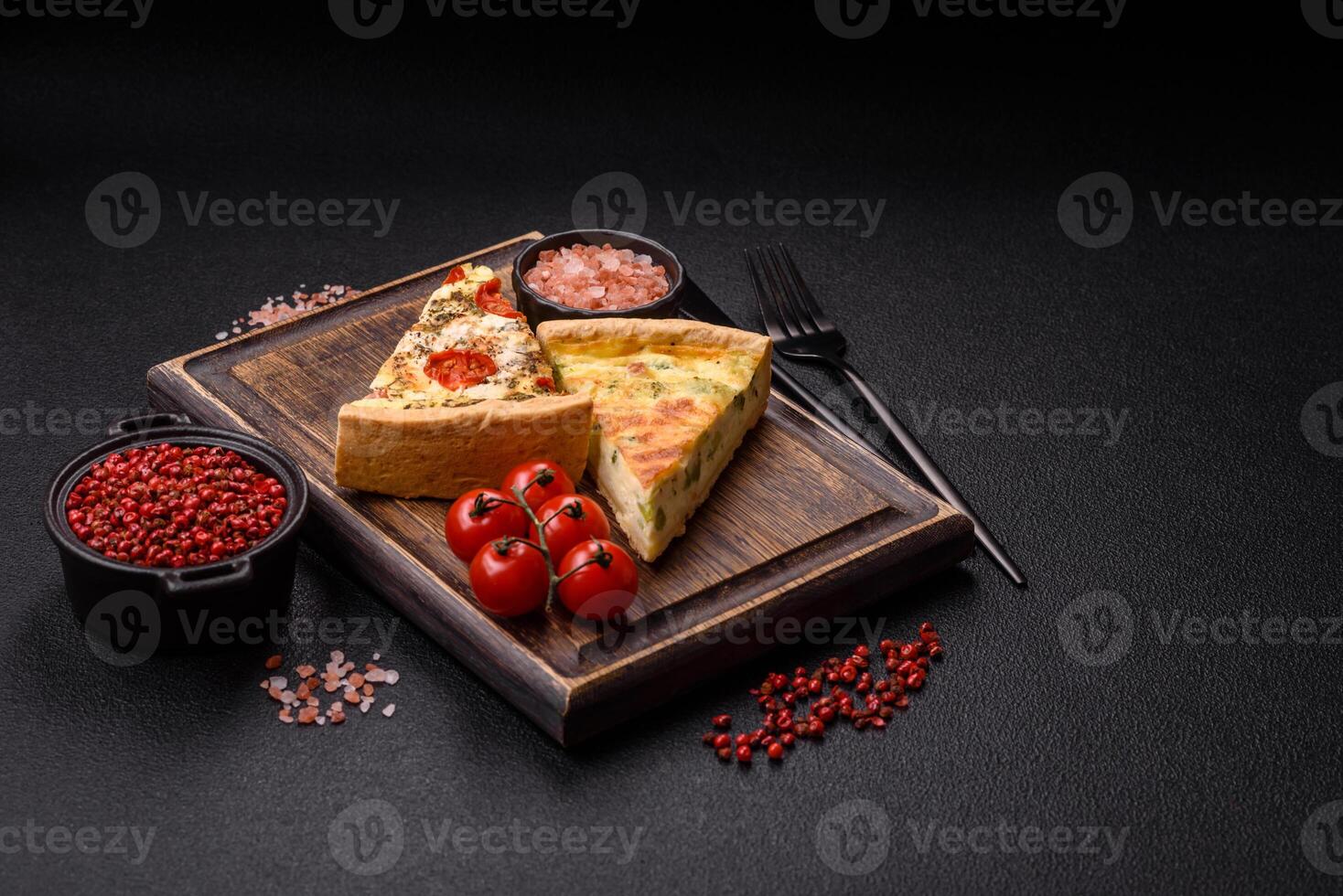 Delicious quiche with broccoli, cheese, chicken, spices and herbs photo