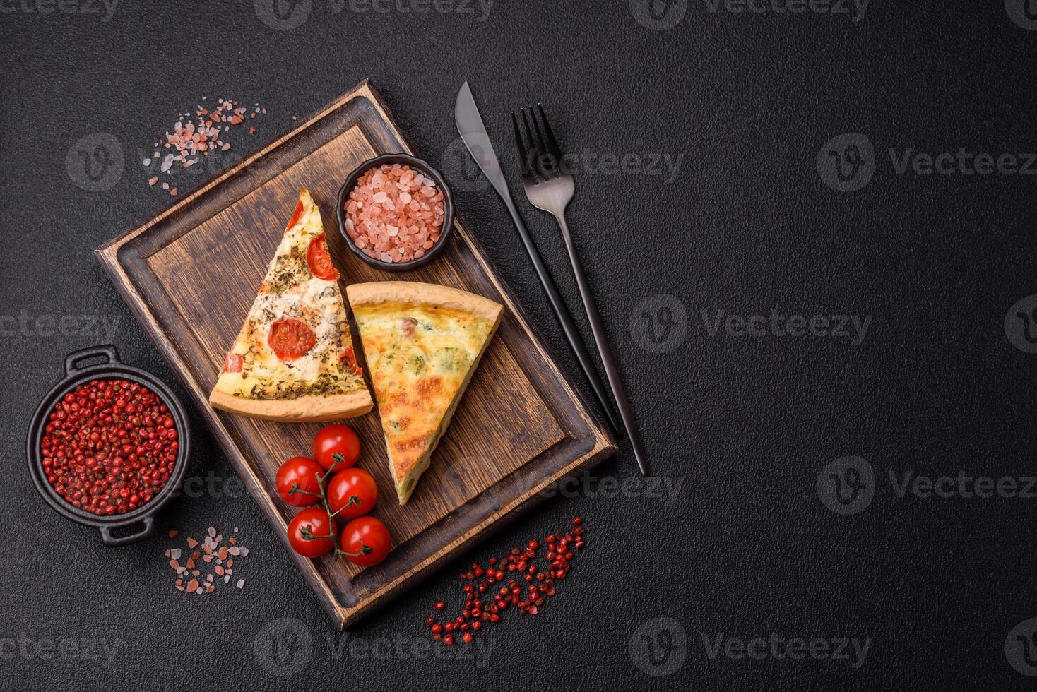 Delicious quiche with broccoli, cheese, chicken, spices and herbs photo