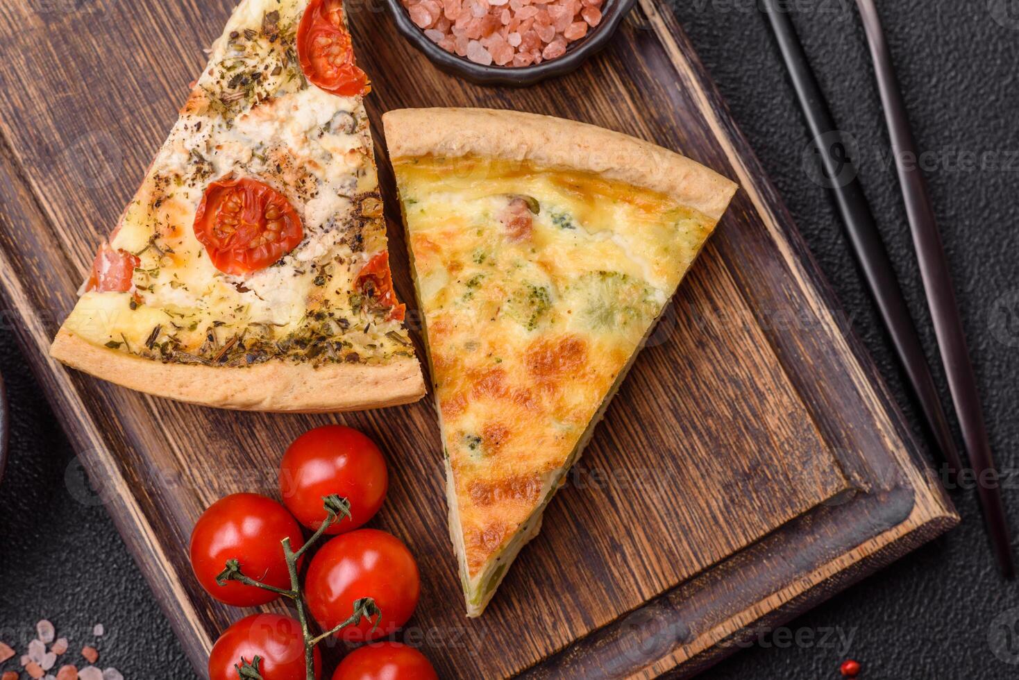 Delicious quiche with broccoli, cheese, chicken, spices and herbs photo