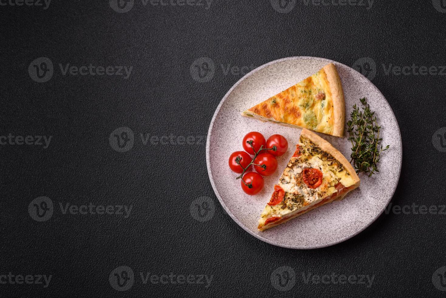 Delicious quiche with broccoli, cheese, chicken, spices and herbs photo