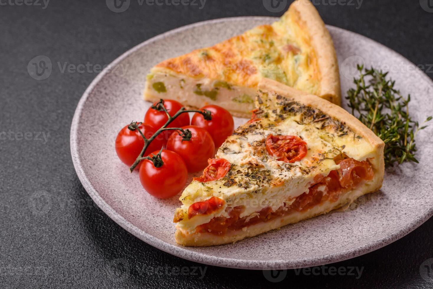 Delicious quiche with broccoli, cheese, chicken, spices and herbs photo