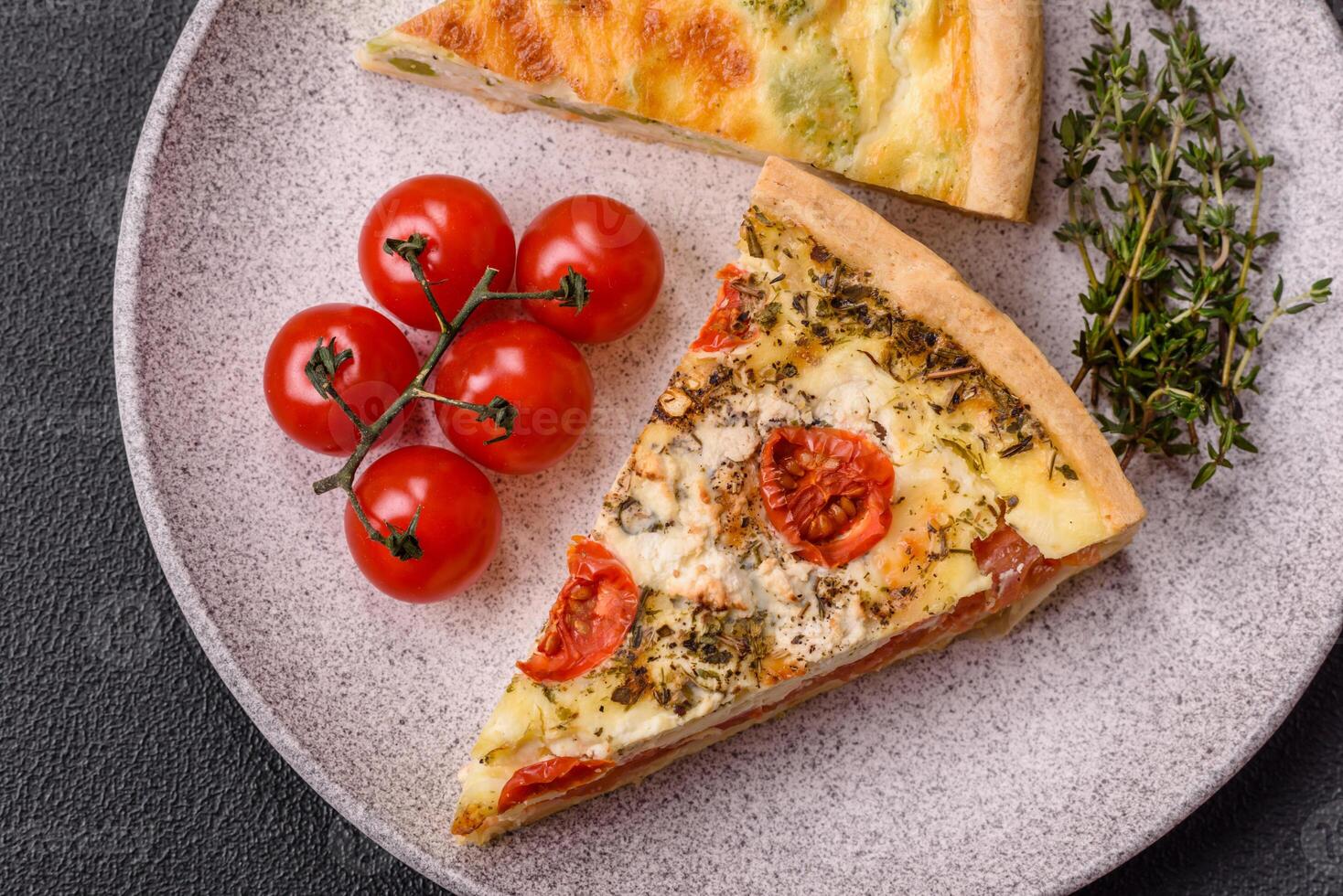 Delicious quiche with broccoli, cheese, chicken, spices and herbs photo