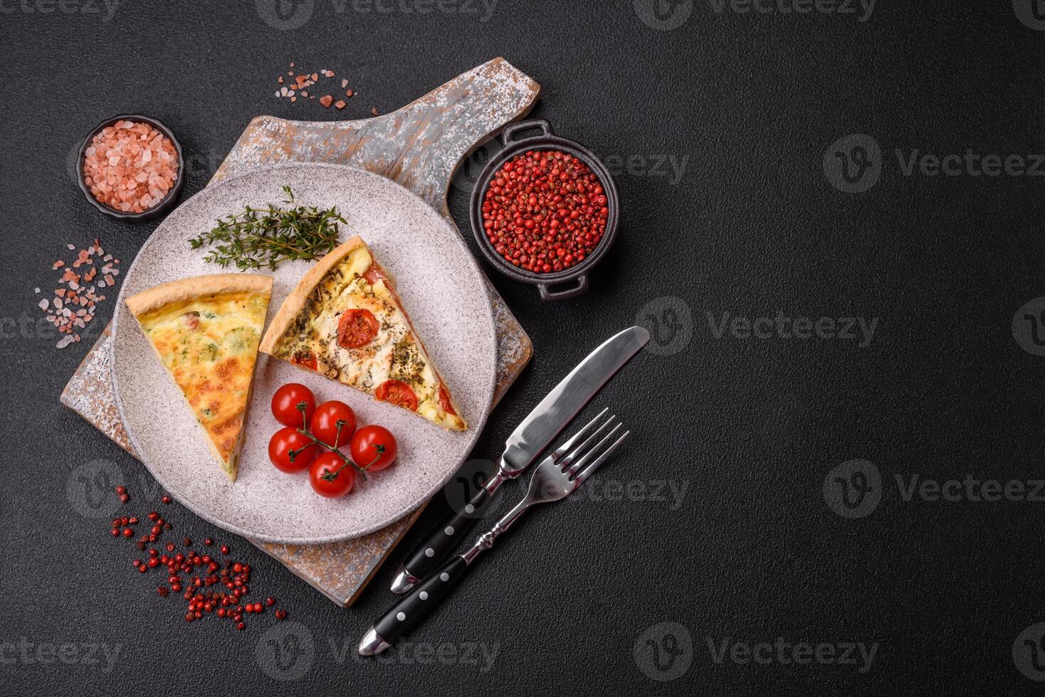 Delicious quiche with broccoli, cheese, chicken, spices and herbs photo
