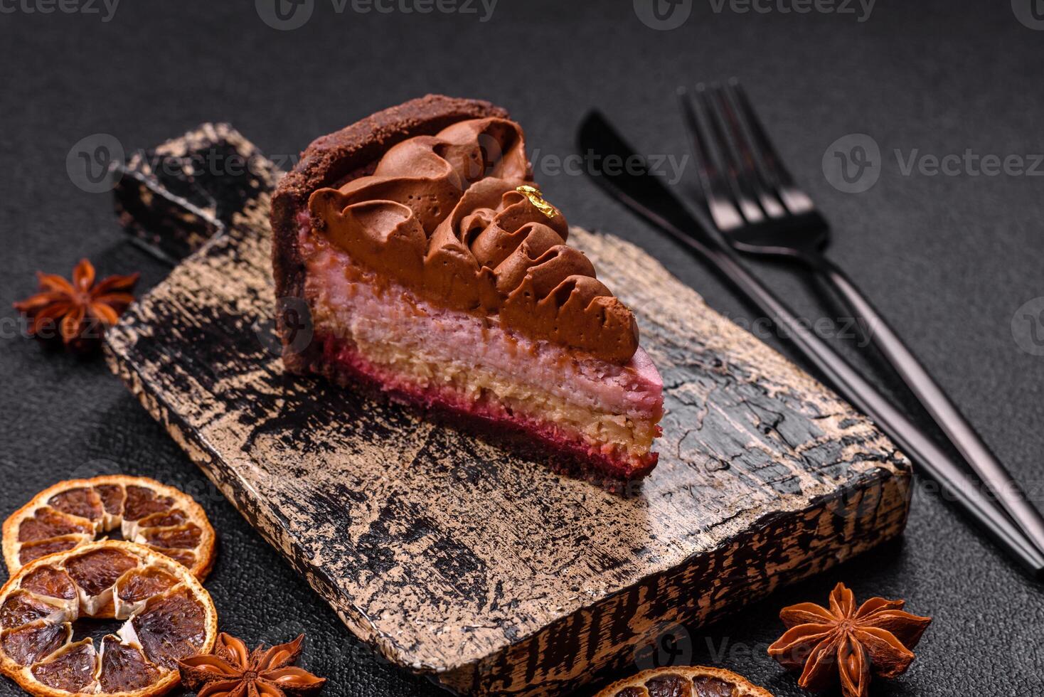 A piece of sweet cheesecake with mascarpone cheese, strawberry flavor photo