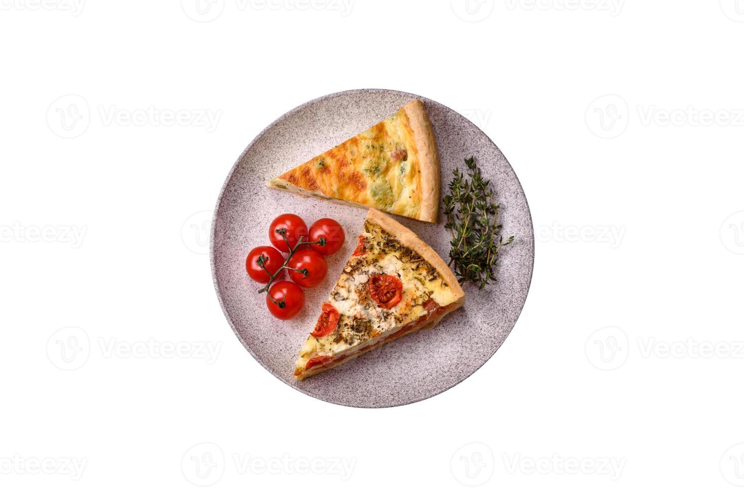 Delicious quiche with broccoli, cheese, chicken, spices and herbs photo