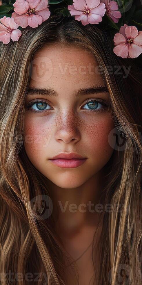 Young girl with blue eyes and flower crown in a soft, natural setting photo