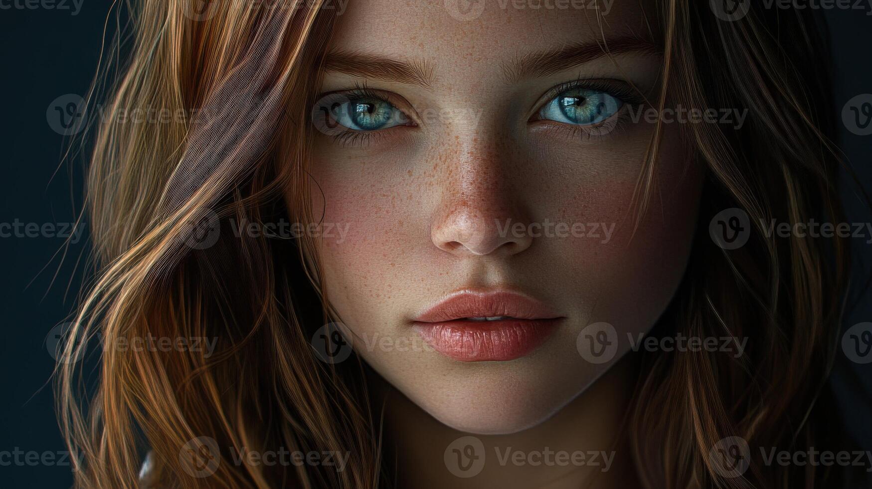 Striking portrait of a young woman with bright blue eyes and wavy hair photo