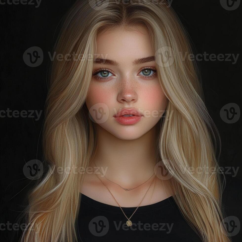 Stunning portrait of a young woman with long, blonde hair photo
