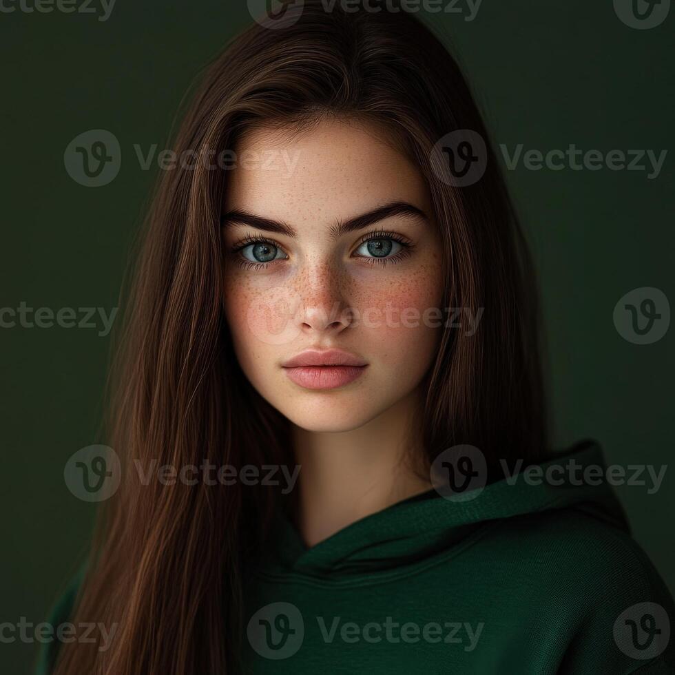 Captivating portrait of a young girl with expressive eyes and freckles photo