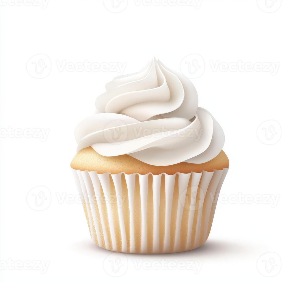 Delicious cupcake with creamy frosting and fluted wrapper on display photo