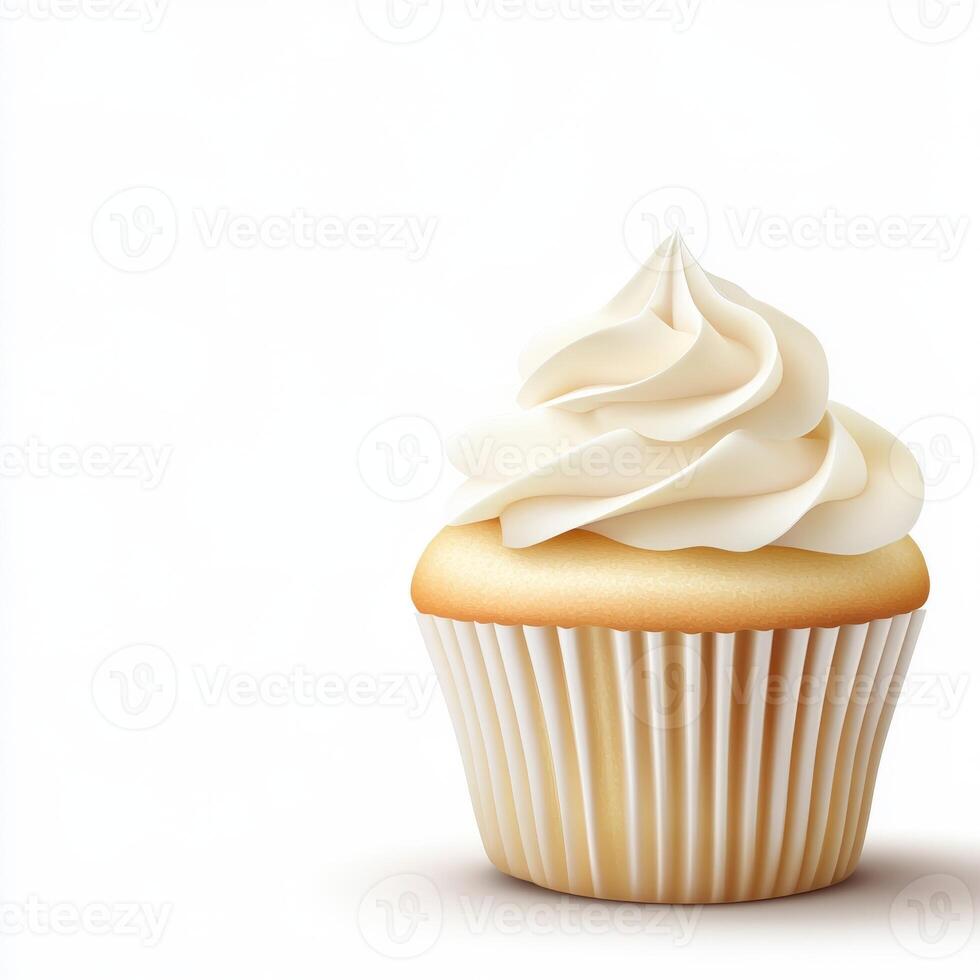 Delicious vanilla cupcake with swirl frosting on a white background photo