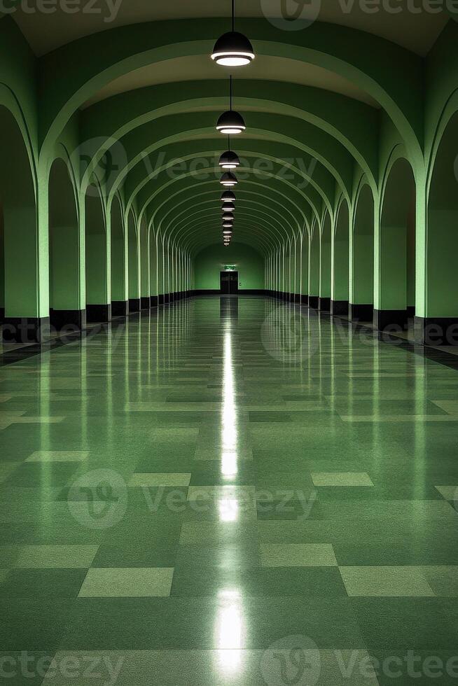 Expansive green corridor with arches and reflective floor lighting photo