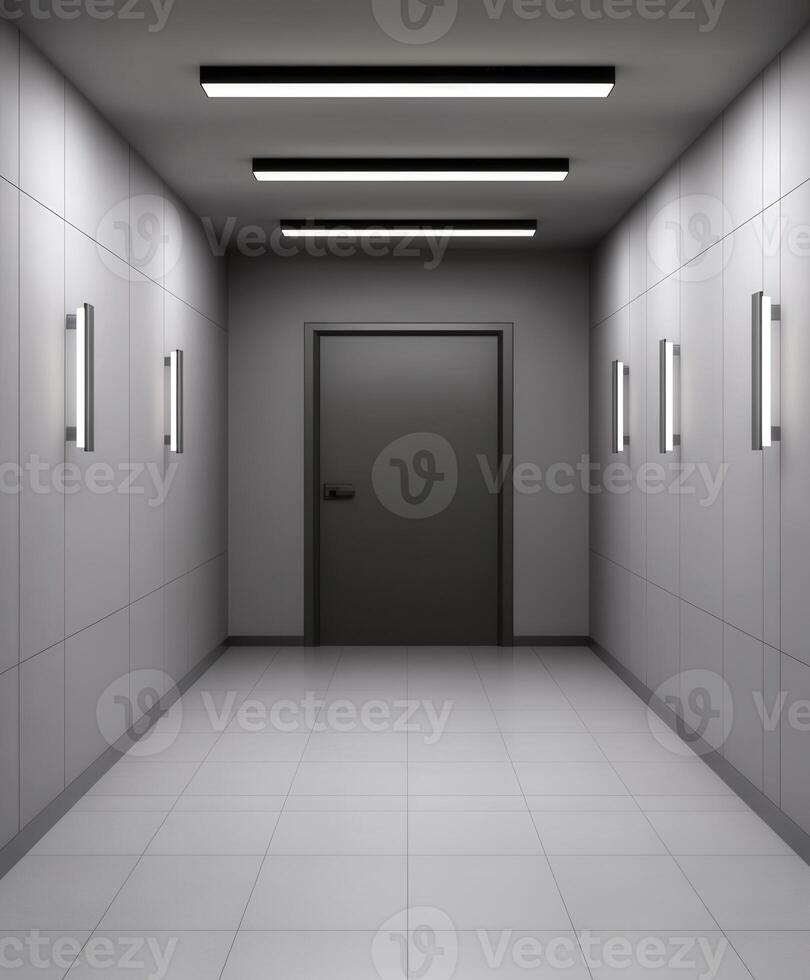 Modern corridor with bright lighting and a closed door at the end photo