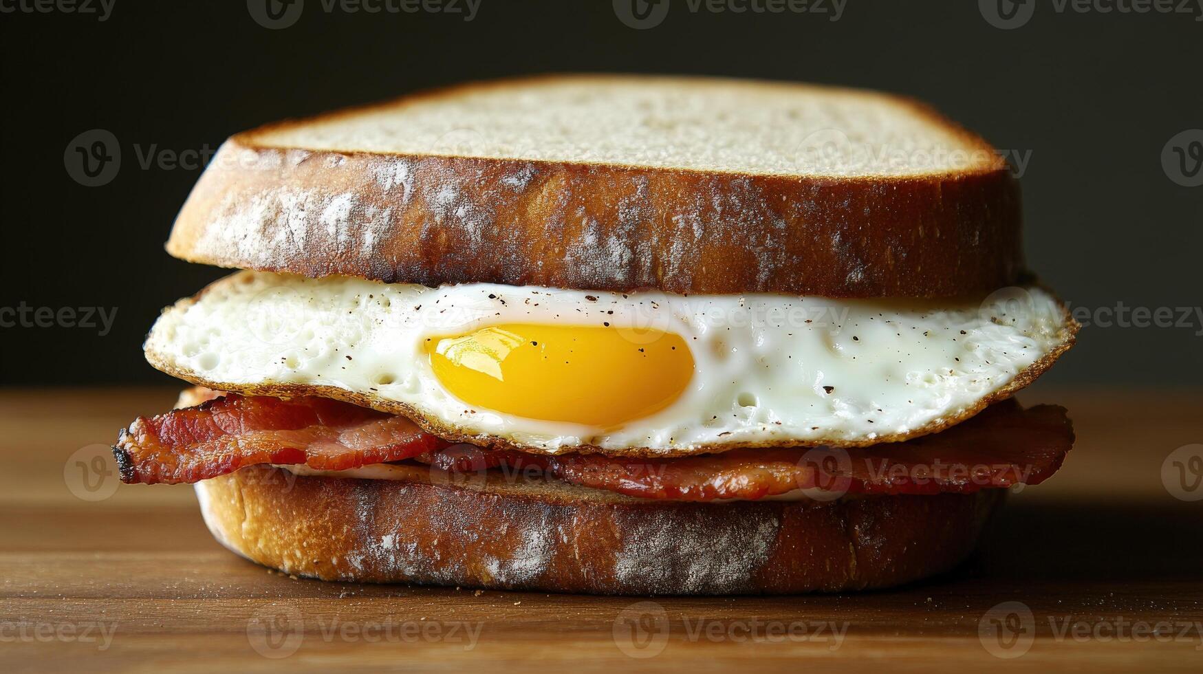 Delicious breakfast sandwich with bacon and egg on toasted bread photo