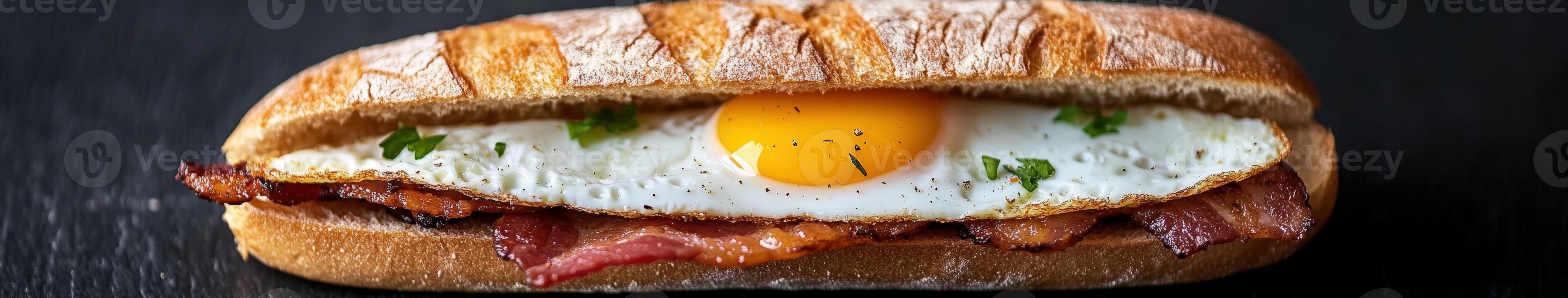 Delicious breakfast sandwich with egg and crispy bacon on toast photo