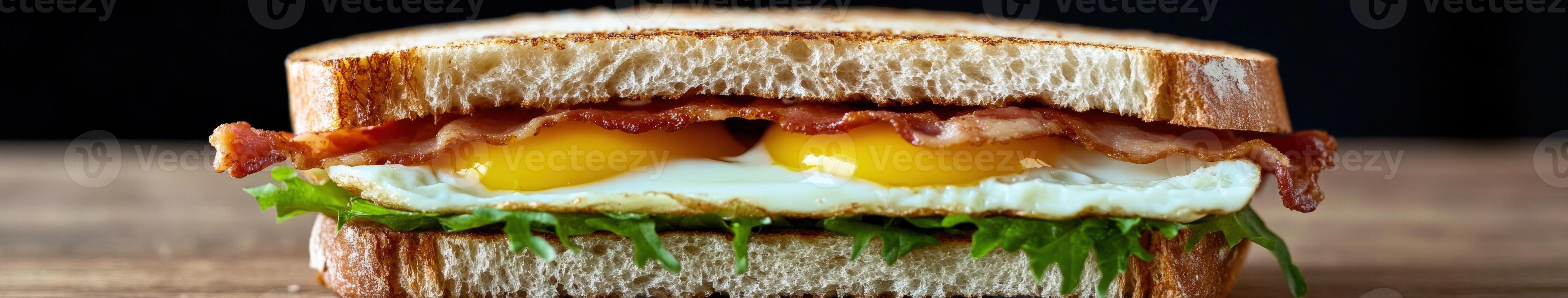 Breakfast sandwich with fried eggs and bacon on whole grain bread photo