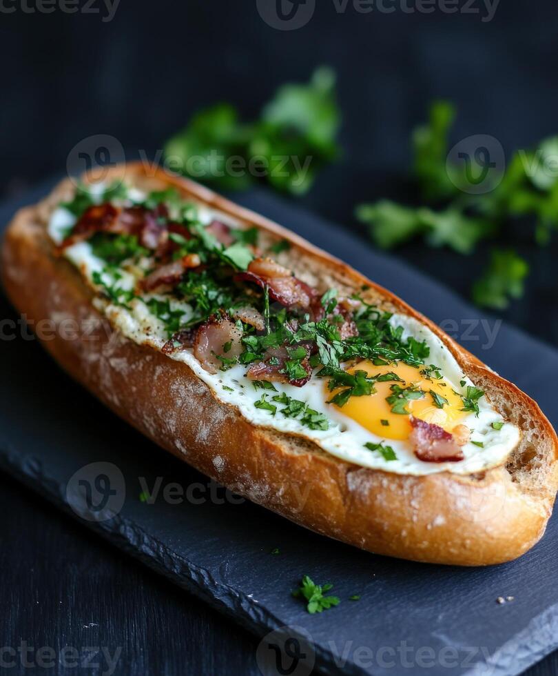 Breakfast bread topped with egg, bacon, and herbs on a dark plate photo