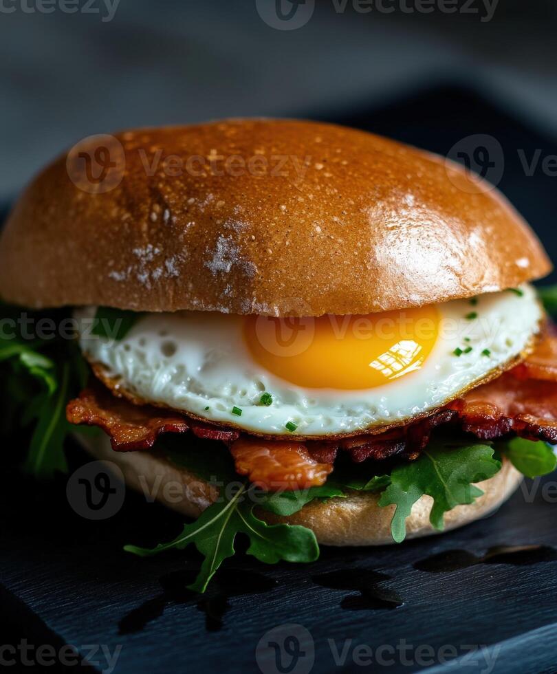 Delicious breakfast sandwich with egg and bacon on a wooden table photo