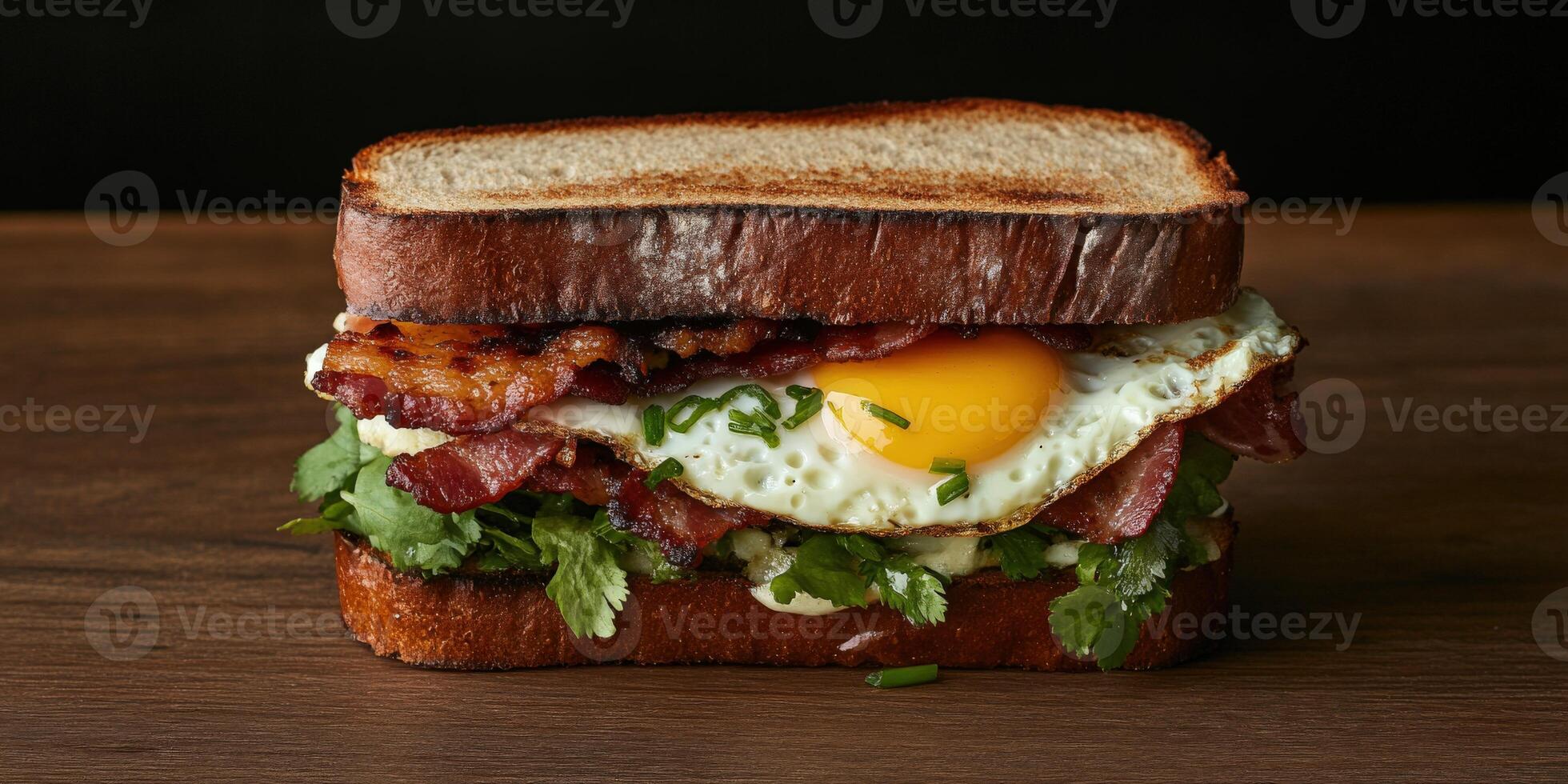 Delicious bacon and egg sandwich served on toasted bread photo