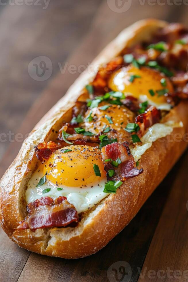 Delicious breakfast sandwich with eggs and crispy bacon photo