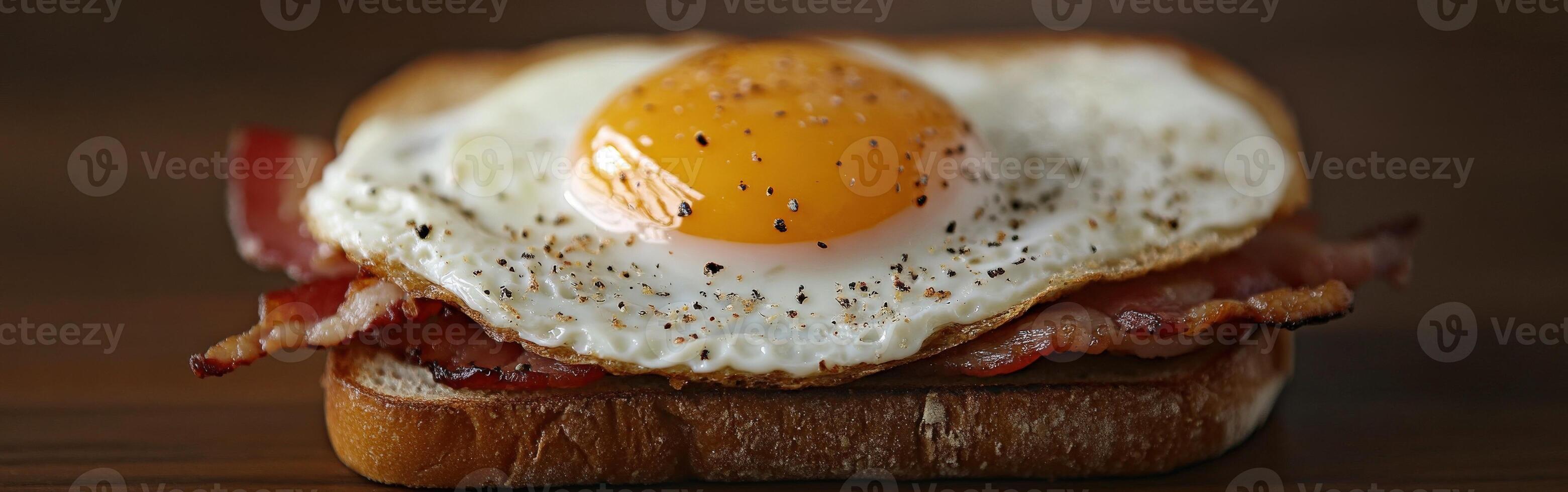 Breakfast sandwich with fried egg and bacon on toasted bread photo