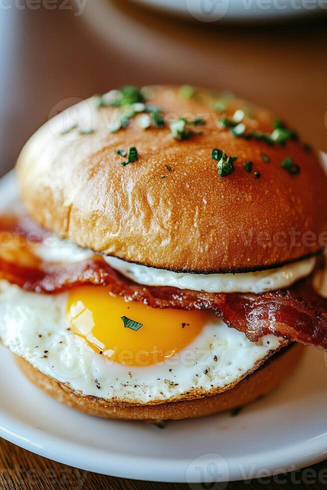 Delicious breakfast sandwich with bacon and egg on a soft bun photo